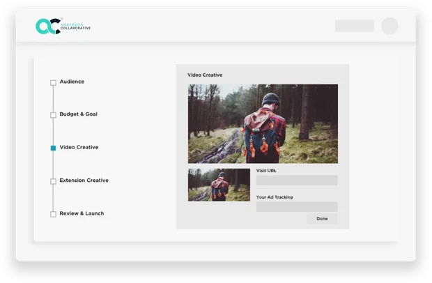 Illustration of a CTV campaign planning interface with audience, budget, and video creative steps