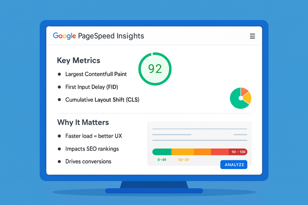 PageSpeed Insights report showing Core Web Vitals metrics for a landing page