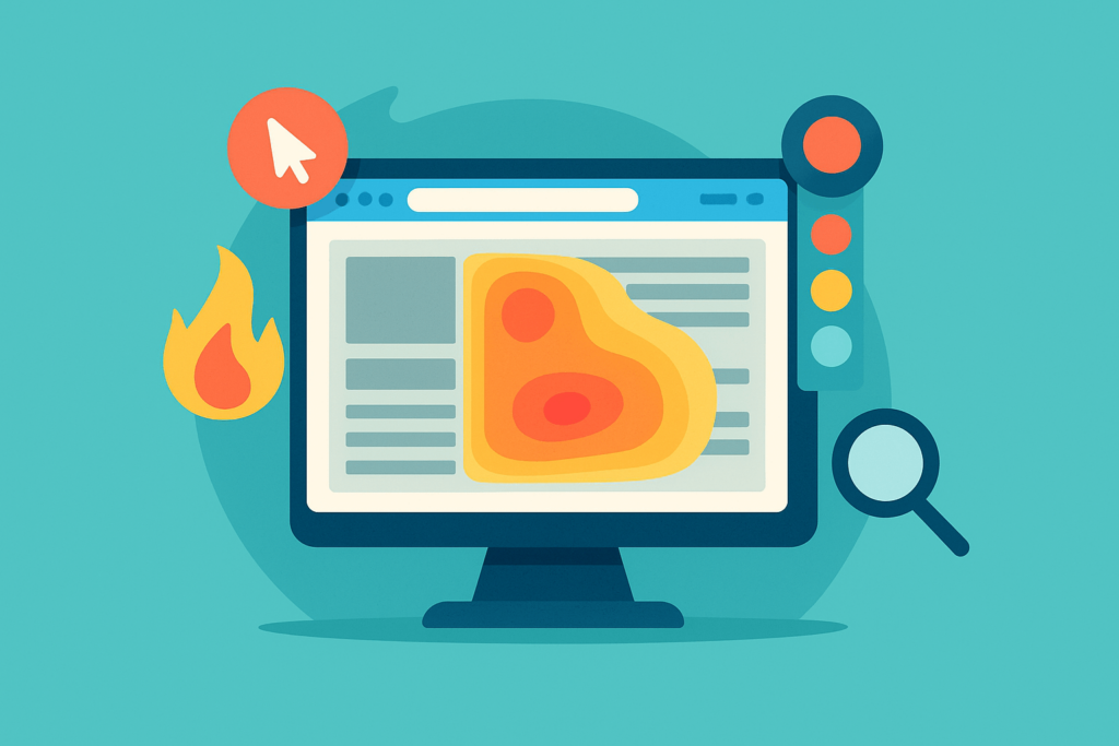 Heatmap visualization showing click and scroll behavior on a landing page