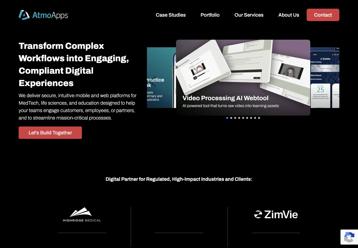 Atmosphere Apps official website showing its services and work