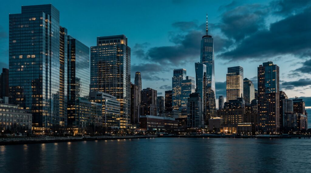 Modern financial district skyline at dusk representing the modern B2B buying process and enterprise decision-making